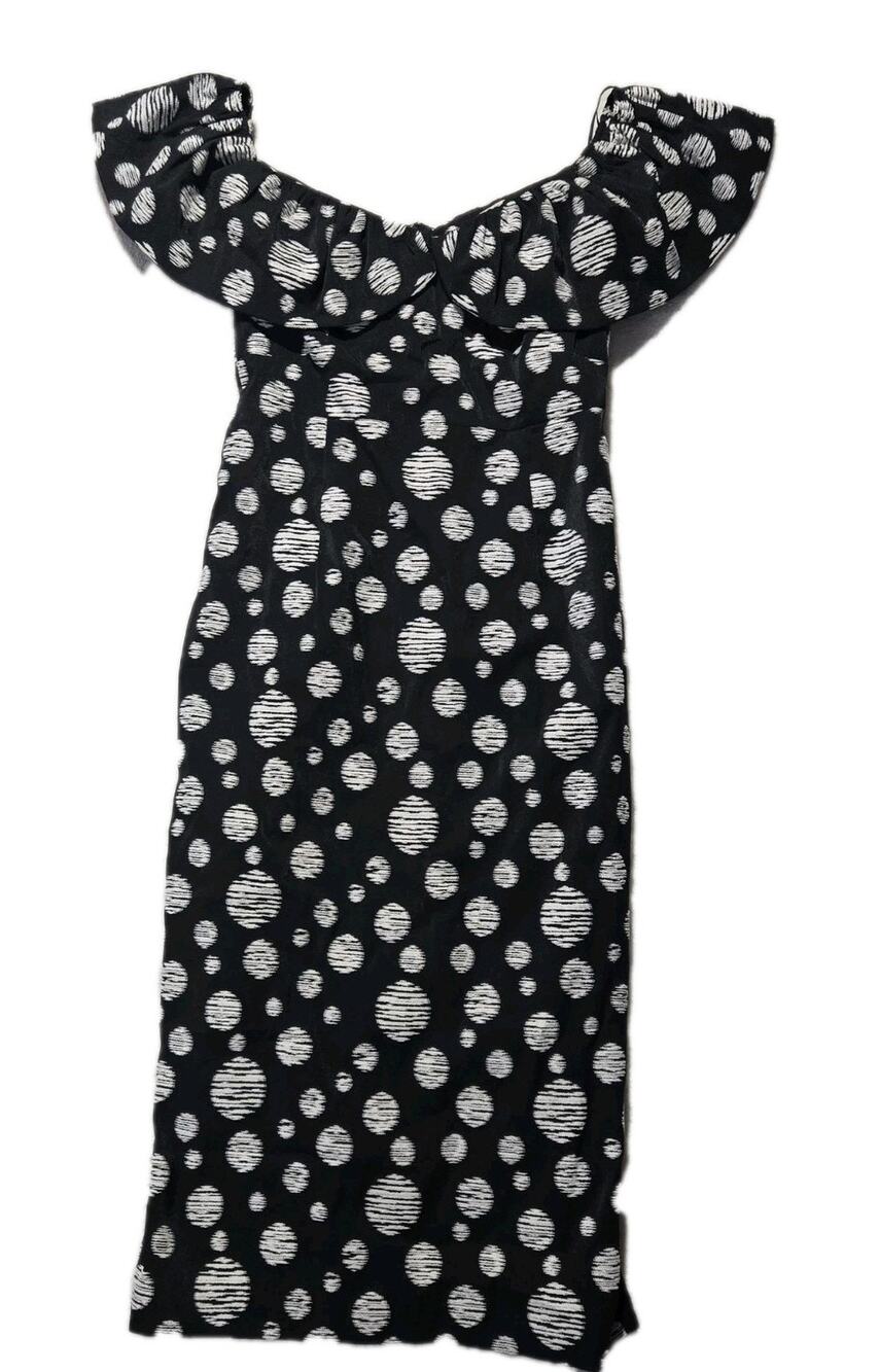 New Exquise Black Polka Dot Puff Shoulder Midi Dress M